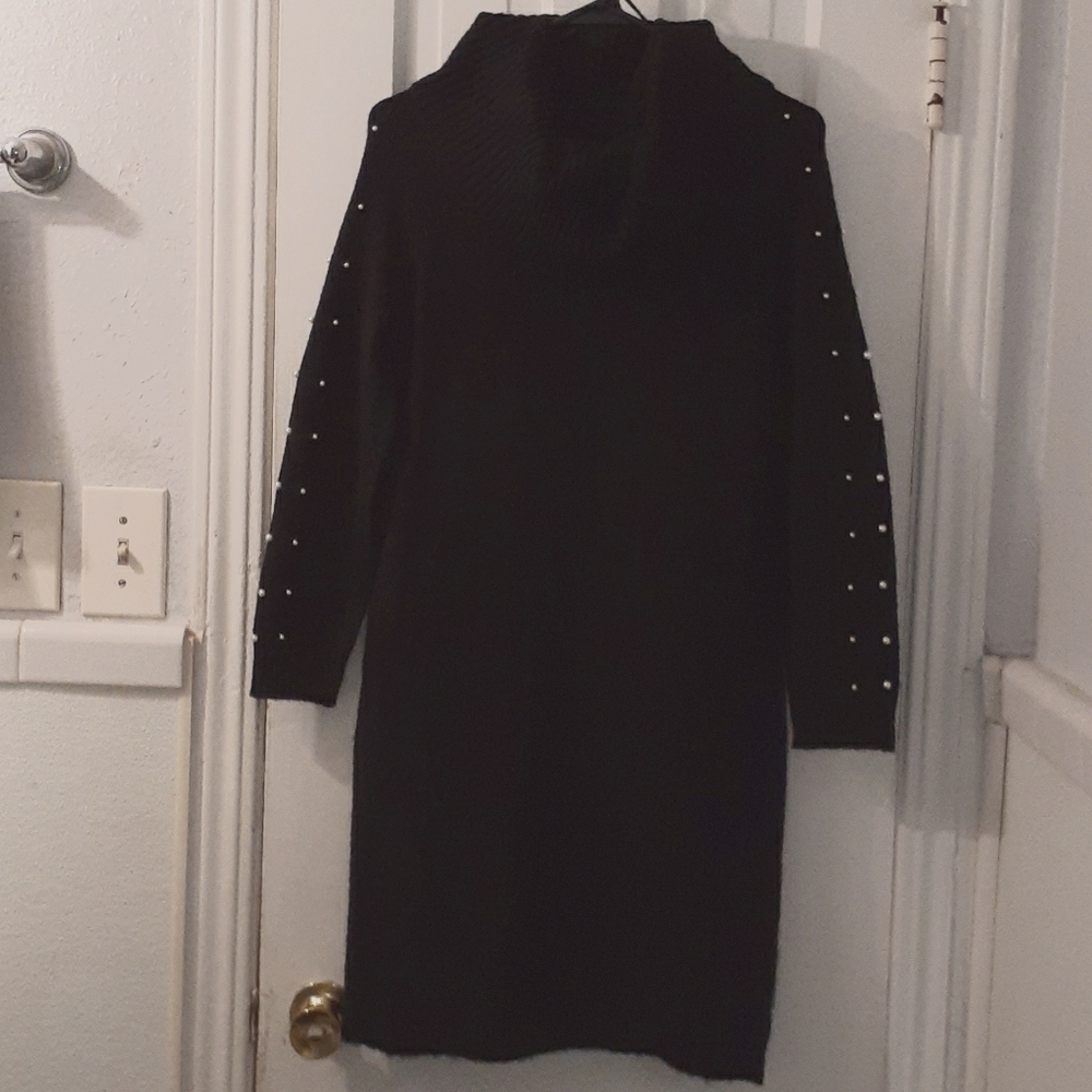 Olive & Oak Sweater Dress-Black, Faux Pearls, Petite Large